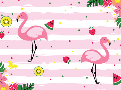 Fruit Flamingo Illustration animals background design flat fruit fruity graphic icon illustration melon strawberry vector wallpaper watermelon