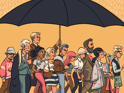 Standing together b2b business illustration crowd editorial illustration gambling illustration magazine cover people protector rain umbrella yellow