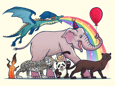 The Cavalcade animals baloon cavalcade digital illustration dragon elephant fox illustration kitten panda panther rainbow