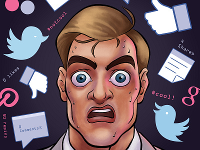 Social Panic anxiety b2b big eyes business illustration editorial illustration facebook gambling illustration likes magazine cover panic portrait shares social media thumbs down thumbs up twitter