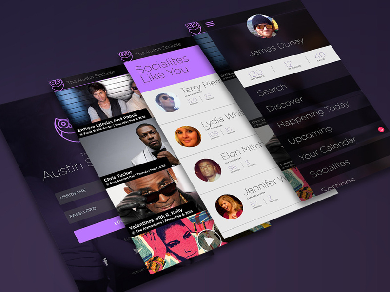 The Austin Socialite social music mobile concept profile event login match ui