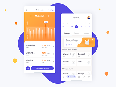 Vitamins management application 3d illustration analytics app blue cards charts healthcare ios12 iphone x medical app mobile app notification orange product design results settings ui ux vitamins yellow