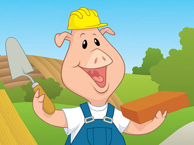 Little Pig Builder adobe illustrator brick builder cartoon character hard hat illustration piggy three little pigs vector