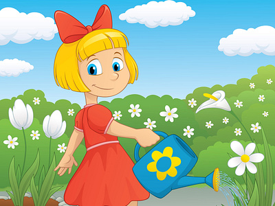 Girl Watering Flowers adobe illustrator cartoon character flowers garden girl illustration vector