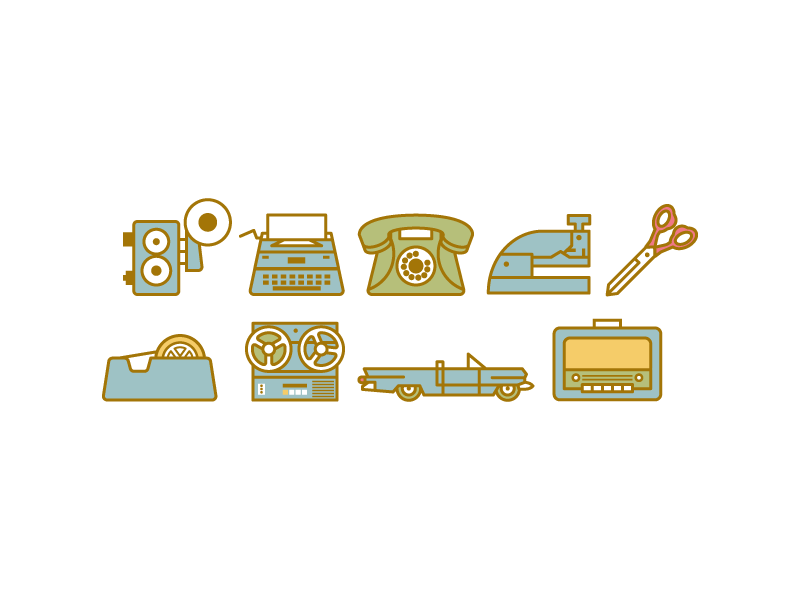 50s icons retro vintage icon web blue flat ilustration graphic design camera car tape