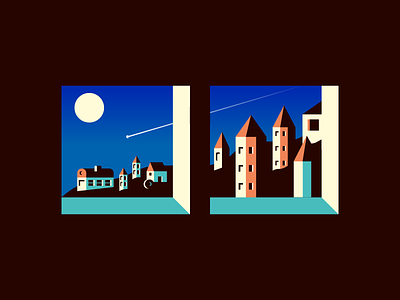 Town builds city design flat graphic illustration light moon sky square town window