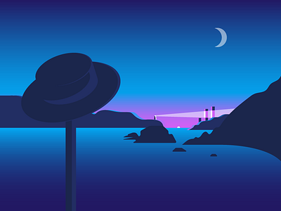 The Hat blue design graphic hat illustration lighthouse moon mountain poster sea sky sunset