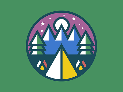 Camping badge camping design fire graphic illustration mountain scout sky tent trees