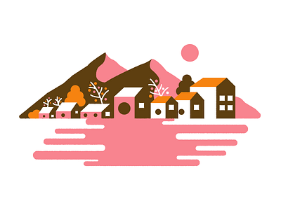 Town brown design graphic house illustration lake mountain negative space orange pink sky town