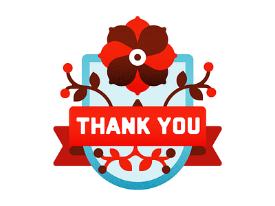 Thank You badge blue flower illustration leaf red ribbon thank you type