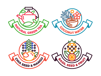 Serenity Badges badge beverage bottle branding coconut fruit icon illustration juice label mango tea