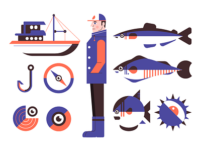 Fishing boat compass design eye fish fisherman fishing icon illustration sea