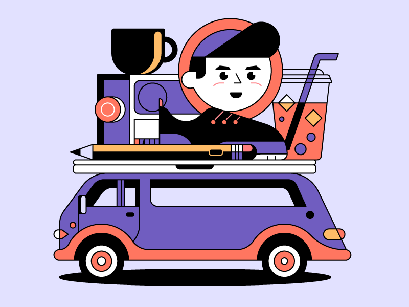 Freelancing music pencil shoes beverage coffee van summer digital nomad illustration designer freelancer