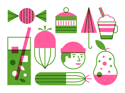 Exploring beet candy coffee cucumber drink exploring face green icons illustrations lineart outline pear pink style umbrella