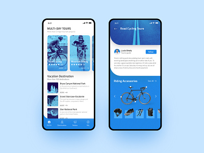 Outdoor travel app app backpack bicycle blue card design helmet mountain biking multi day tours national park riding accessories road cycling shoes sunglasses tourism projects travel ui ux vacation destination