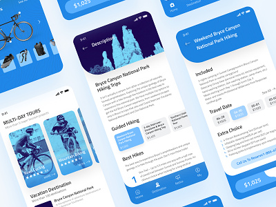 Outdoor travel app 2 app backpack blue card design guided hiking mountain biking multi day tours national park riding accessories road cycling shoes sunglasses tourism projects travel travel date ui ux vacation destination