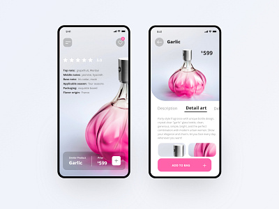 Perfume app add to bag applicable season base note card delivery method description design detail art fish flavor origin garlic middle notes packaging perfume price shopping top note ui