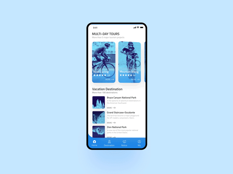 Tour App Dynamic Design app backpack bicycle blue card design helmet interactive design mountain biking multi day tours national park riding accessories road cycling shoes sunglasses tourism projects travel ui ux vacation destination