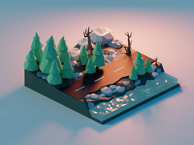 scene #1 3d forest illustration lowpoly nature river road scene trees