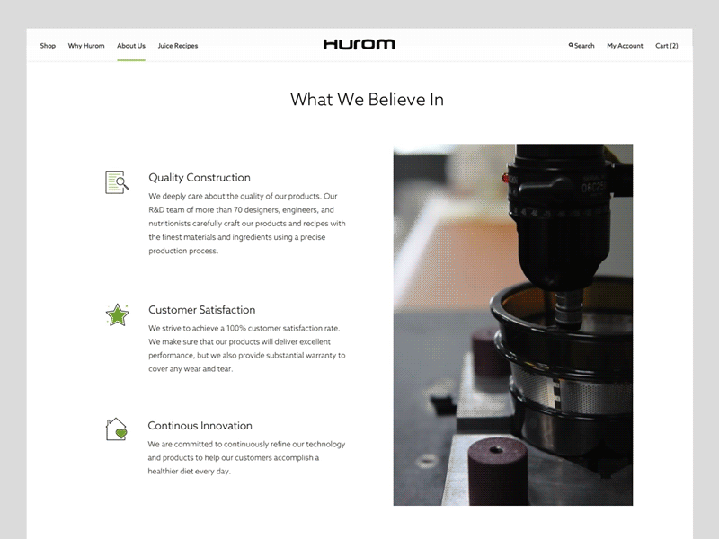 Hurom About Page client work website ui animation shopify gif history timeline healthy lifestyle juice juicer