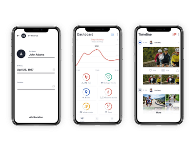 Fitness App - Real Time Tracking Activities adobe xd app concept dashboad design graph interaction design ios line chart mobile app mobile app design pie chart profile design timeline tracking tracking graph typography ui ux video app