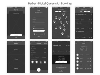 Barber - Digital Queue with Booking adobe xd booking app design interaction design mobile app design queue signup sketch app ui ux vendor wireframe wireframing