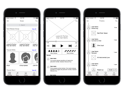 Music App - Wireframe app axure concept design interaction design ios mobile app mobile app design music album music app music listing player post timeline user center design user experience design ux wire frame