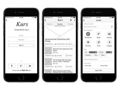 Kurs - LMS - Course app axure concept course course listing design filter design interaction design ios mobile app mobile app design online learning app sign up user center design user experience design ux wireframe