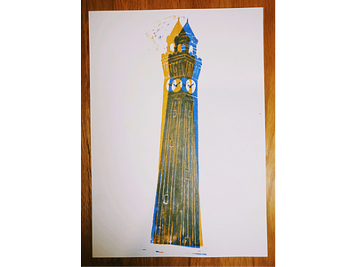 Old Joe - Linocut building clock clock tower colorful ink lino linocut old joe overprint print printmaking tower university