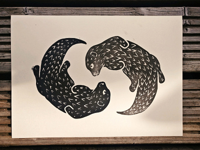 Otter dance - Linocut animal art cute dance illustration lino linoprint minimal otter pair paper print printmaking swim