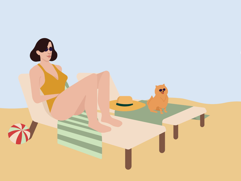 Sunbathing animation beach dog flat design people sunbathing woman