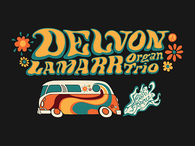 T-shirt graphic for Delvon Lamarr Organ Trio tour 60s 70s band merch concert poster design france funk funky hippie illustration jazz music psychedelic retro soul spain van vw bus