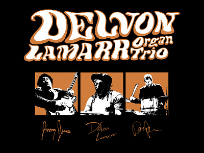 Merch design for Delvon Lamarr Organ Trio band 60s 70s band branding design funk funky illustration jazz logo music musician retro soul typography vector