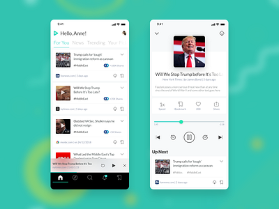 Podio Home Screen and Player Screen Design app article clean concept design explore home landing minimal music narration player simple slick tabs turquoise ui ux