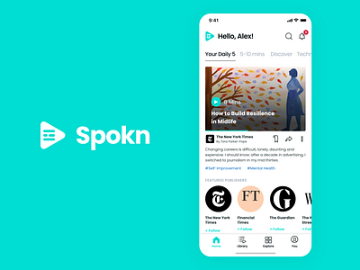 Spokn Home Page app audio branding clean concept design explore home landing minimal mint mobile music navigation player product design simple slick ui ux