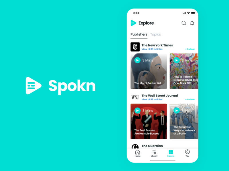 Spokn Explore Screen app audio clean content content design explore layout minimal music navigation personalisation podcast screen simple ui ux