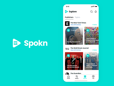 Spokn Explore Screen app audio clean content content design explore layout minimal music navigation personalisation podcast screen simple ui ux