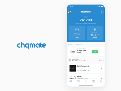 Chqmate Home / Dashboard Screen app blue clean concept dashboard financial fintech home homepage loyalty minimal simple transactions ui wallet