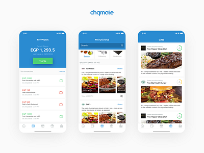 Chqmate main screens (Wallet, Shop and Gifts)