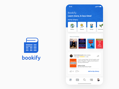 Bookify Bookstore App Home Screen app app design blue books bookstore cards clean explore home material design minimal simple ui ux