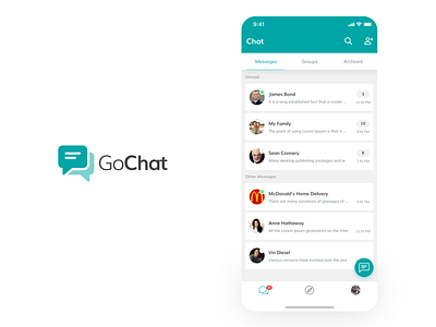 GoChat Messenger, Instant Messaging App Home Screen app clean concept home messaging messenger minimal simple text ui ux whatsapp