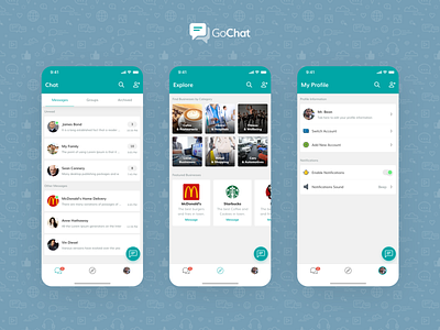 GoChat Messenger, Instant Messaging App (Home, Explore, Profile) app clean concept explore home messenger minimal navigation profile simple text ui ux whatsapp