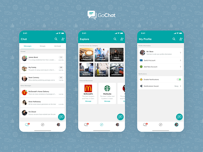 GoChat Messenger, Instant Messaging App (Home, Explore, Profile)