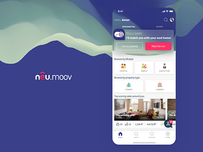 NeuMoov AI Driven PropTech / Real Estate App Home Page Design ai app card concept explore home home screen list matchmaking minimal navigation property real estate simple tabs ui