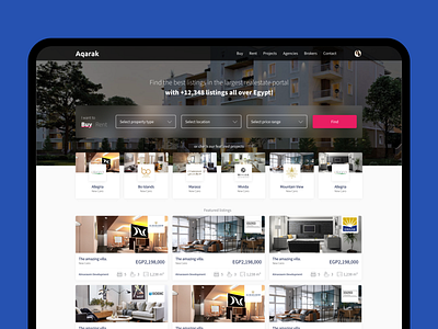 Aqarak PropTech Real-estate Listing Web Home Screen Design