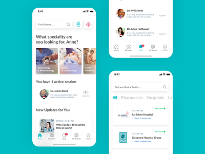 CDoc Health Tech App Home, Directory and Chat Design