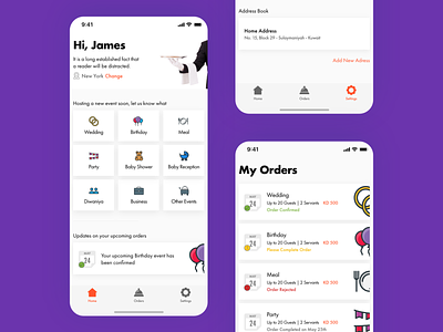 Lina Caters, Catering, Delivery Service & Food Ordering Screens app concept app design card catering clean delivery delivery service ecommerce explore food home list location minimal order settings simple ui