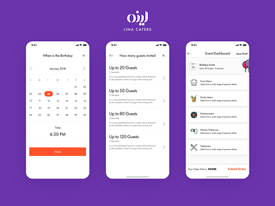 Lina Caters, Catering, Delivery Service & Food Ordering Screens app calendar cart catering clean food guests list minimal order order management ordering orders service simple ui
