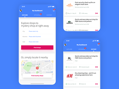Quality Patrol "Mystery Shopping" App Screens app clean concept ecommerce explore find location map minimal mystery shopping shop shopping shopping cart shops simple stores ui