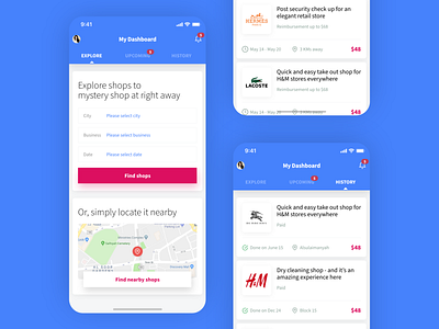 Quality Patrol "Mystery Shopping" App Screens app clean concept ecommerce explore find location map minimal mystery shopping shop shopping shopping cart shops simple stores ui